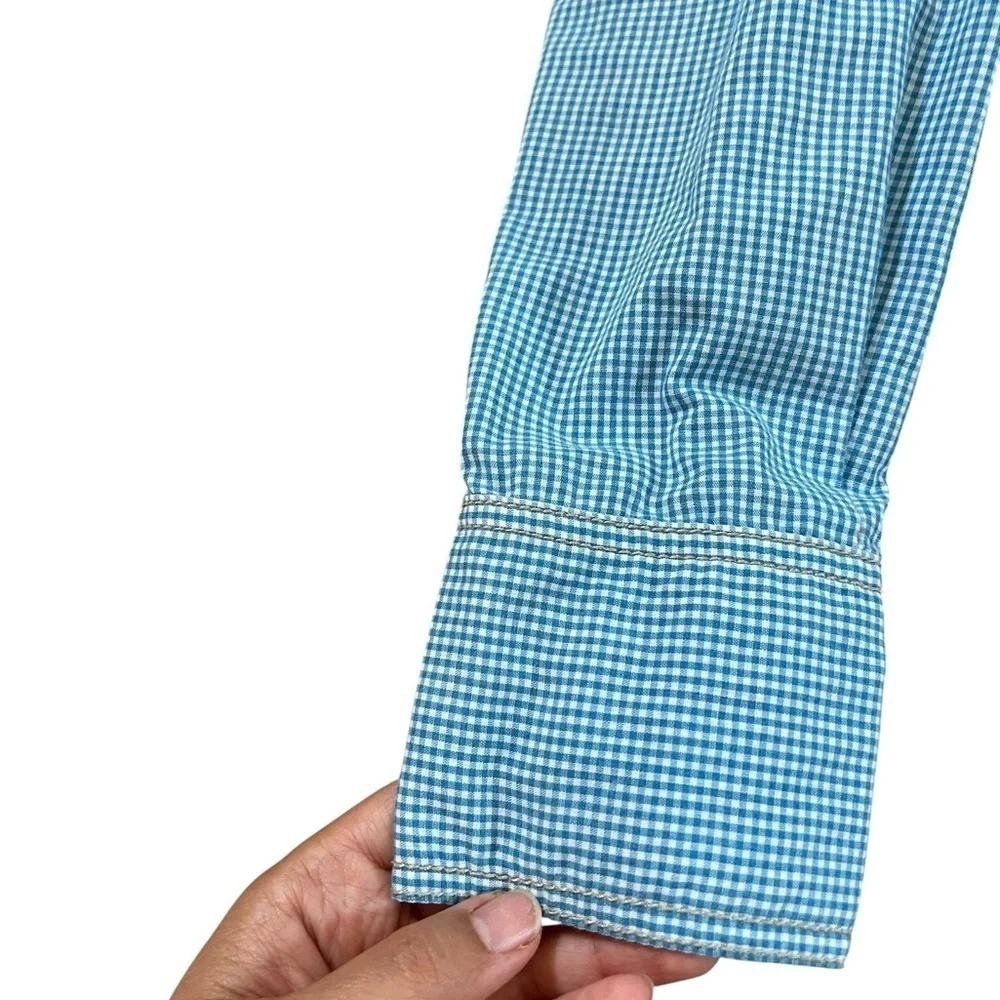 Free People long button down shirt dress blue gingham style size Large